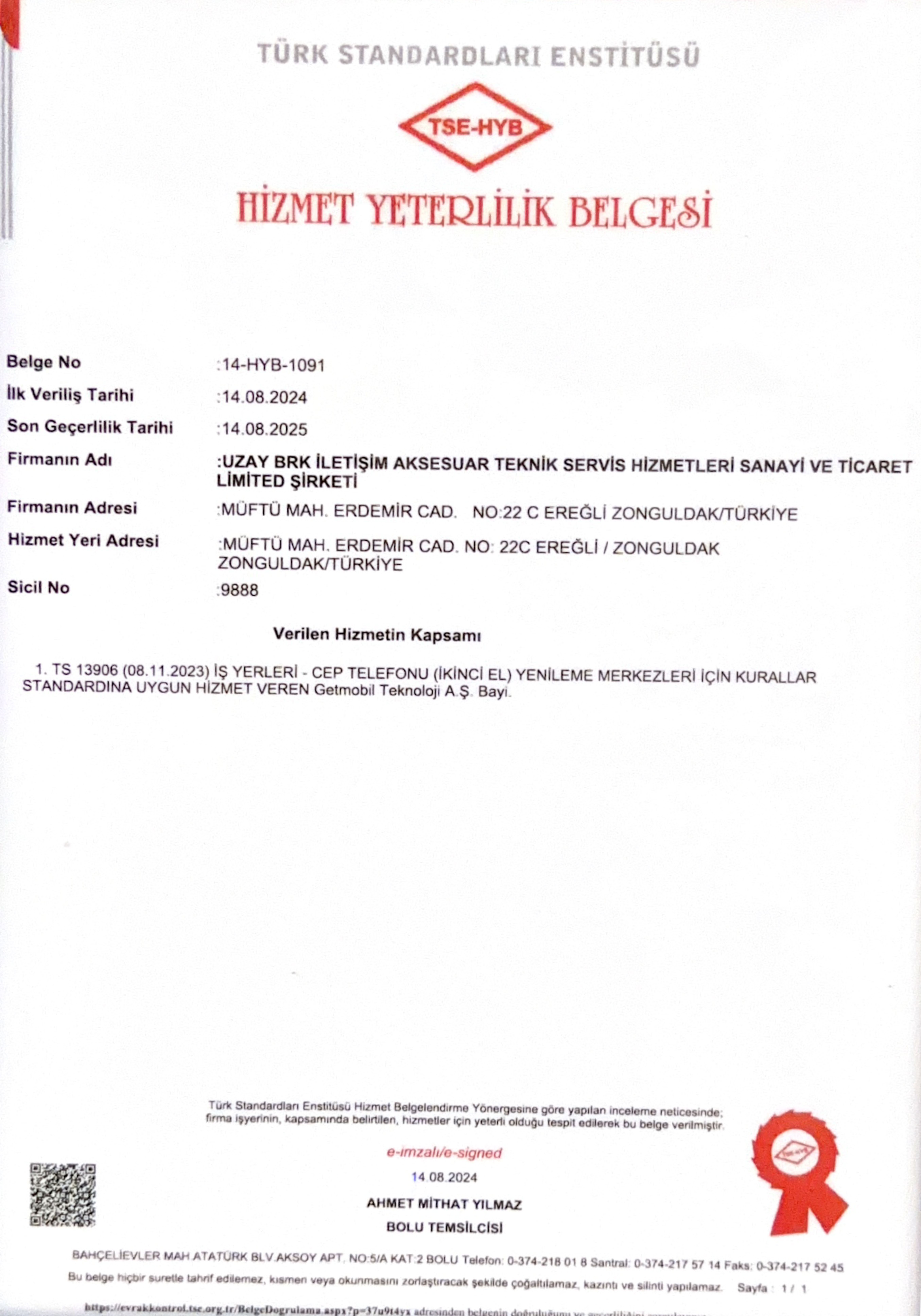 Hizmet Yeterlilik Belgesi