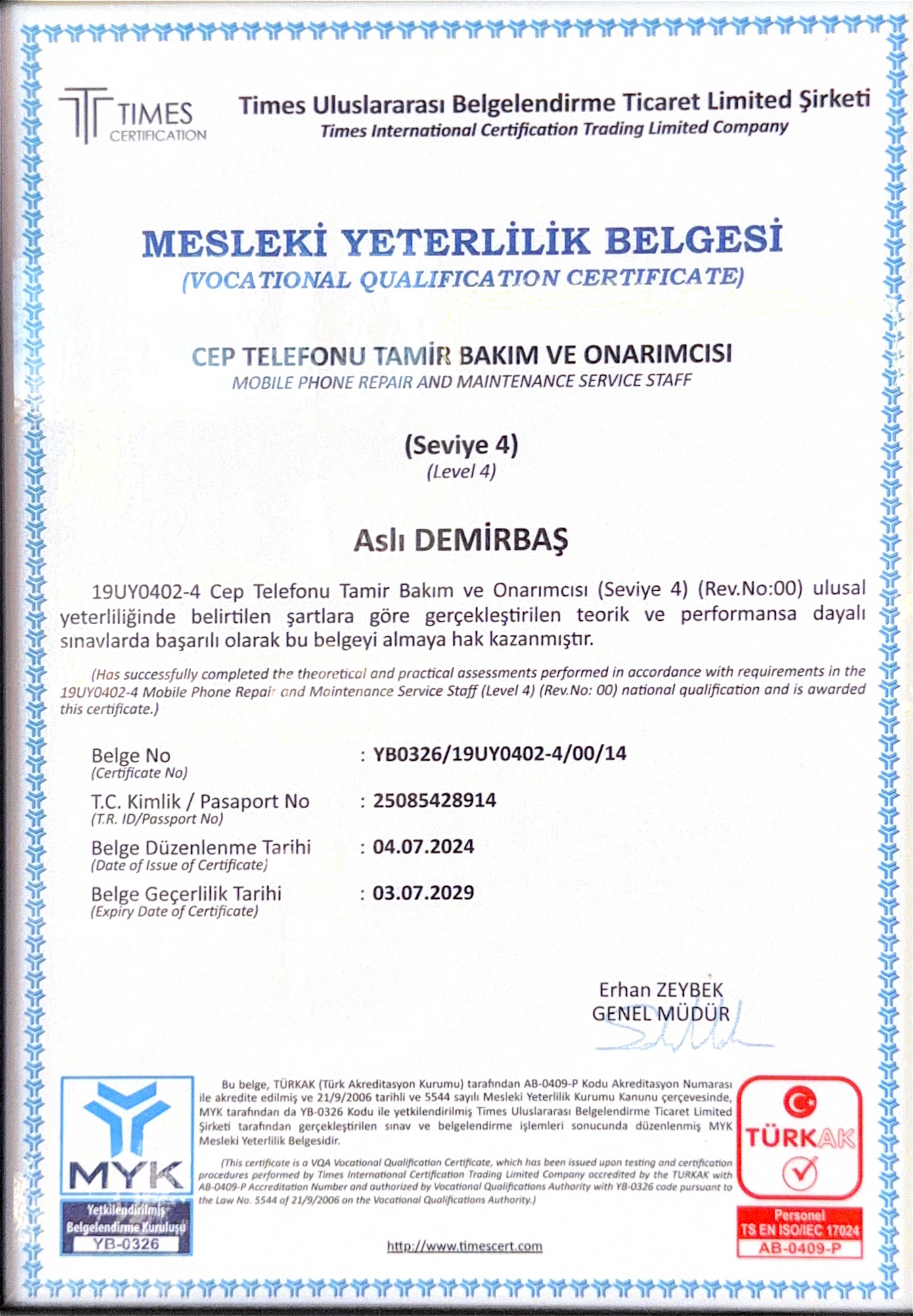 Mesleki Yeterlilik Belgesi - Aslı Demirbaş